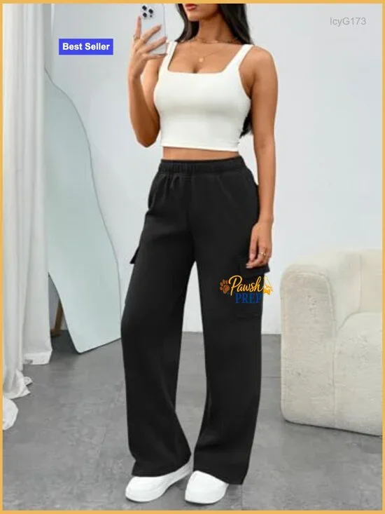 Wide Leg Cargo Sweatpants with 6 Pockets, Elastic Waist, Cotton Blend - Picture 4 of 6